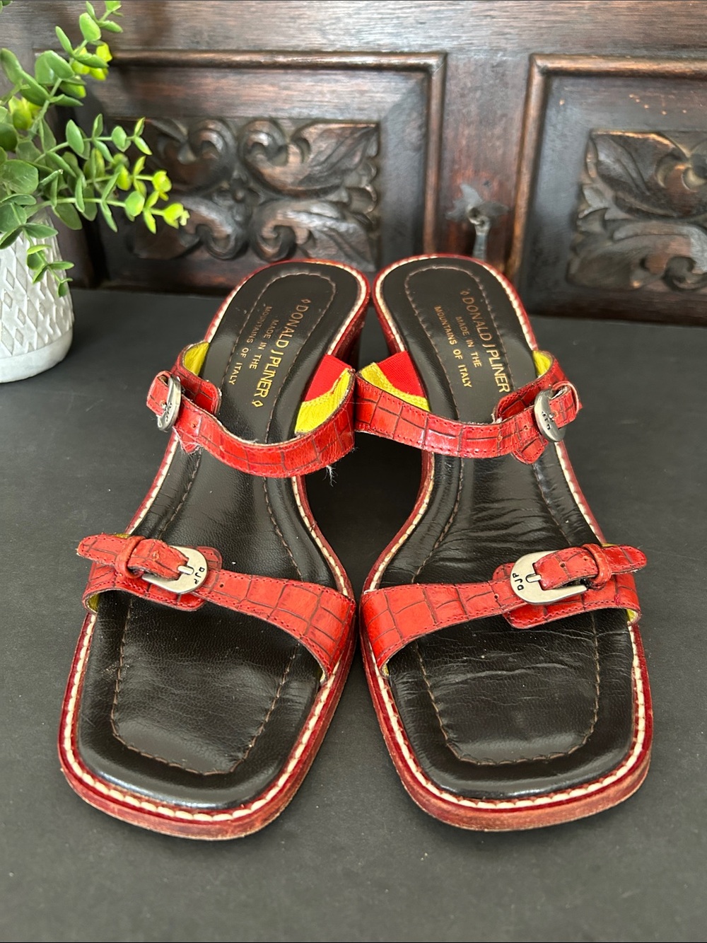 Donald J. Pliner Red Croc-Embossed Leather Buckle Sandals